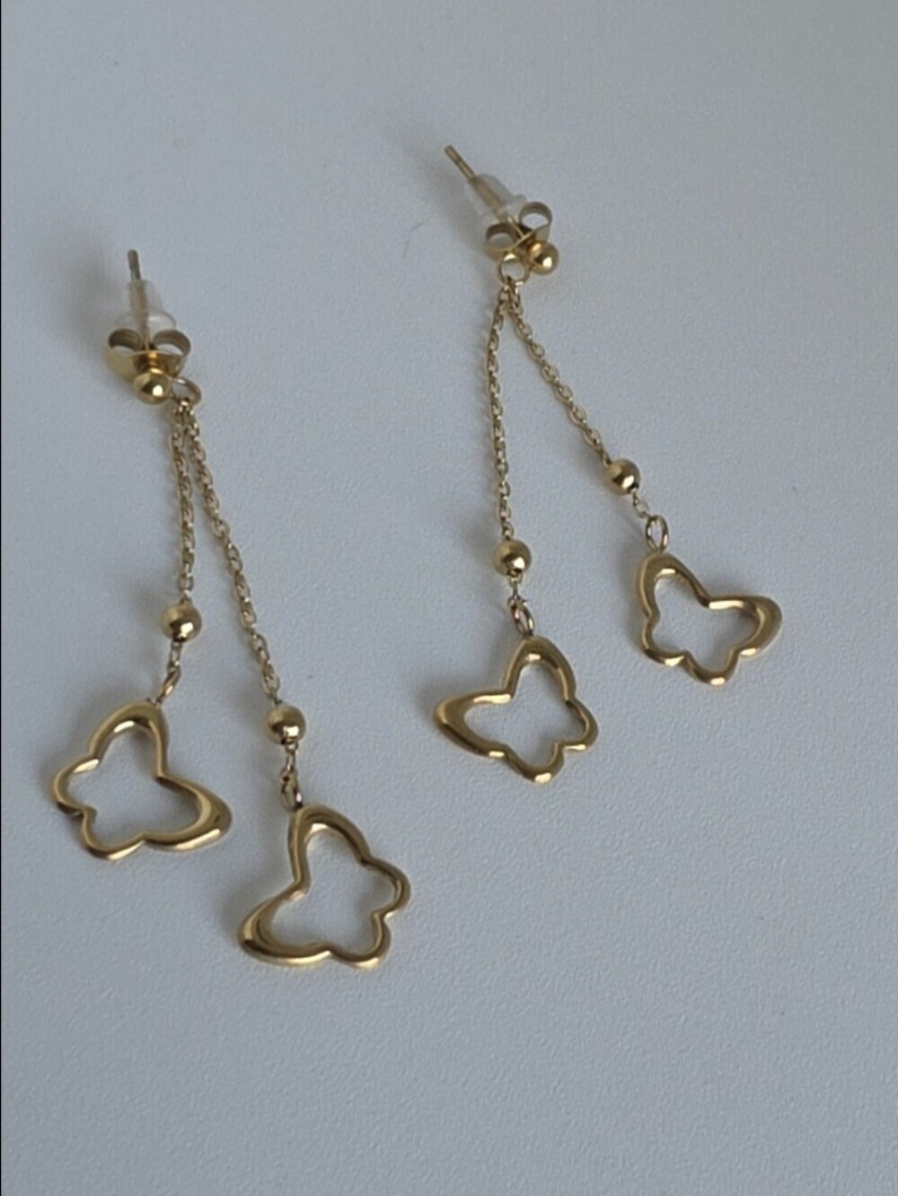 Stainless Steel Butterfly Dangle Drop Earrings Double Chain 2" Lightweight